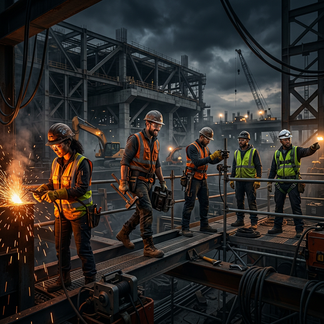 Industrial workers wearing Sarda Industries safety gear